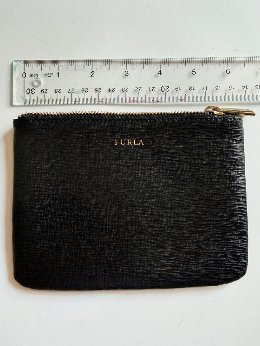 Furla Black Saffiano Leather Zip Pouch with Gold Hardware